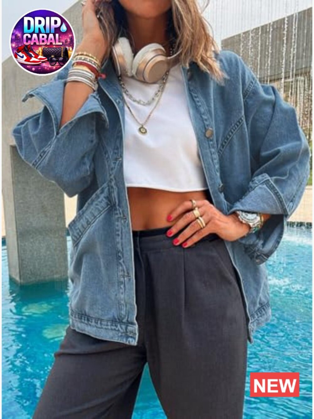 Oversized Button Up Denim Jacket Shacket Long Sleeve with Pockets - Picture 2 of 6